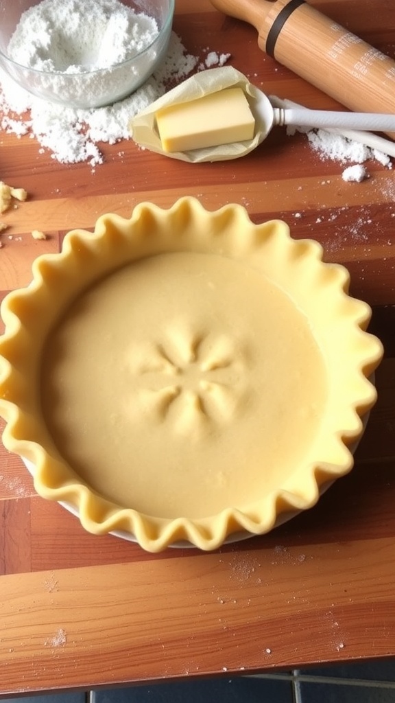 A golden brown pie crust on a wooden countertop, ready for filling.
